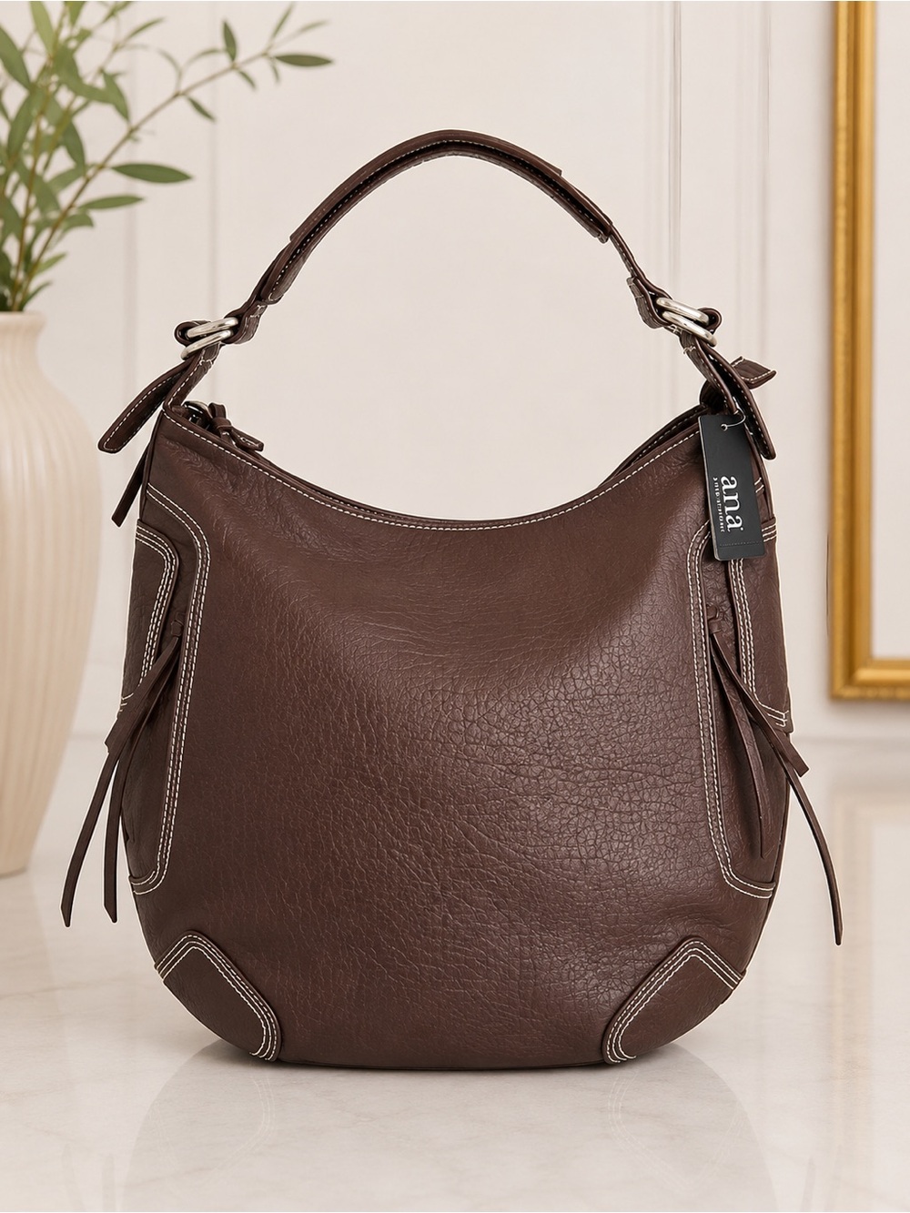 a.n.a. Brown Faux Leather Hobo Shoulder Bag Contrast Stitching Tassel NWT